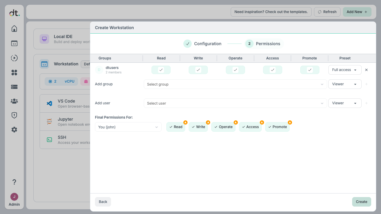 Create Workstation — Permissions